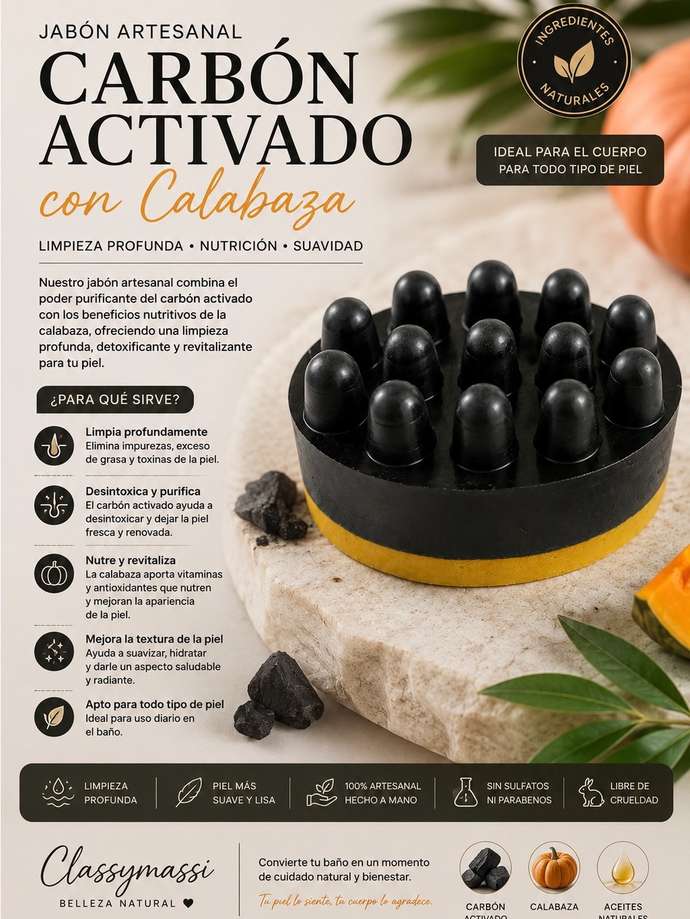 Activated Charcoal and Pumpkin Massage Soap — Black and Yellow